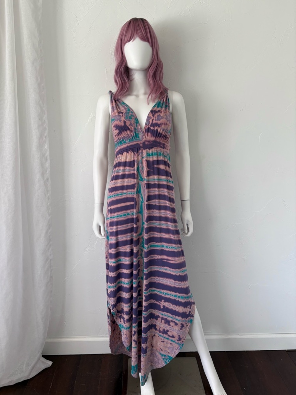 Gypsy 05 Pink and Teal Striped Tie-Waist Maxi Dress - Picture 1 of 5